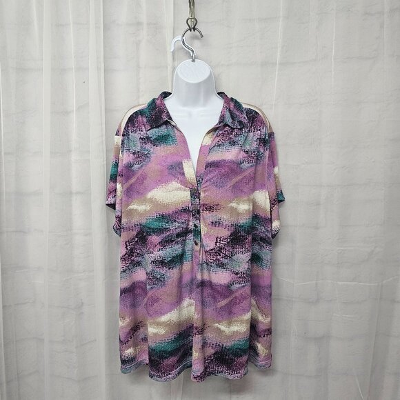 Alfani Purple Blue Abstract Polo Blouse Casual Retro Boho 3X - Picture 1 of 11
